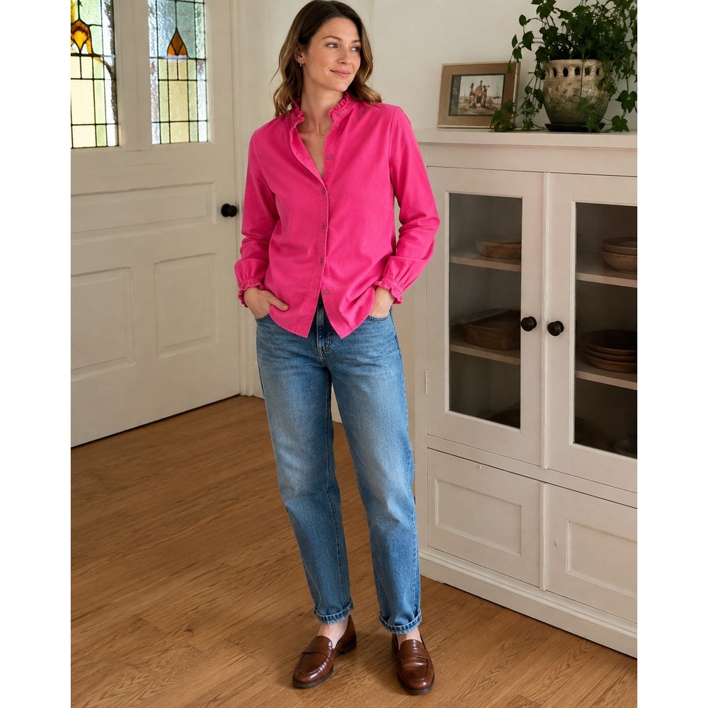 J.Crew Womens Pink Fine Wale Corduroy Ruffle Trim‎ Button Down Shirt Size 8